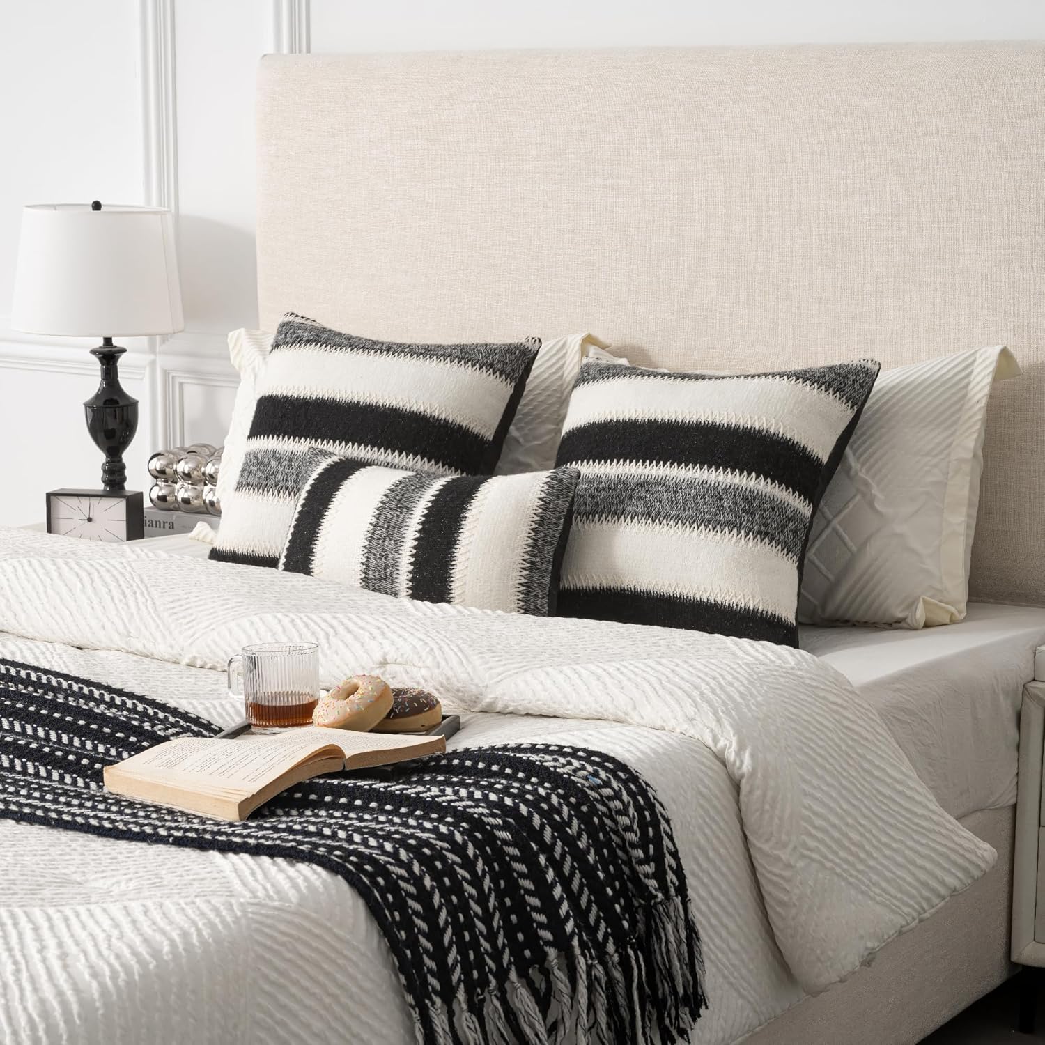 Indoor 2 Pcs 12x20 in Black & White & Gray Soft Vertical Stripes Wool Farmhouse Decorative Throw Pillow Cover Boho Accent Neutral Textured Cushion Case for Living Room Couch Bed Sofa Home