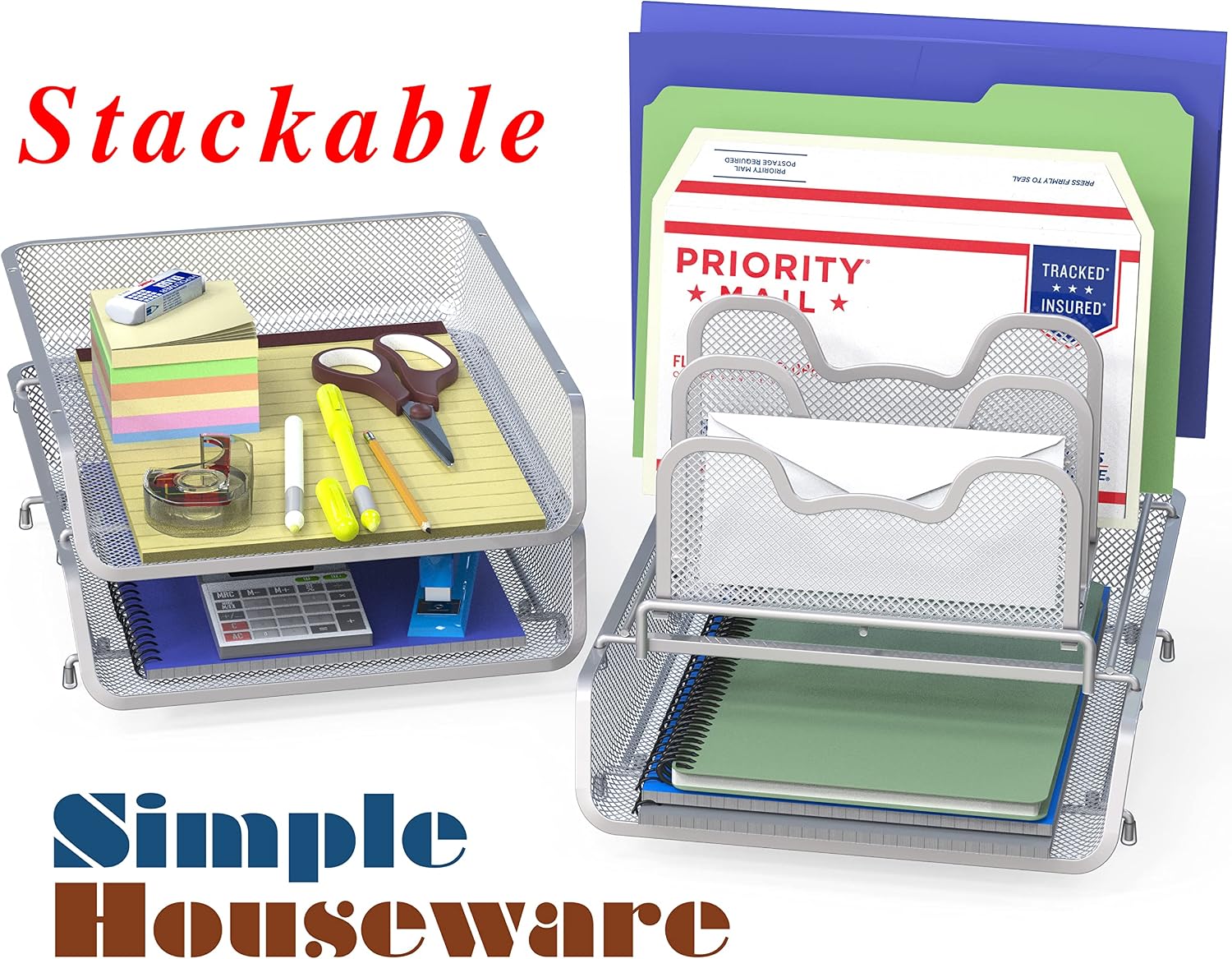 SimpleHouseware 3-Pack Stackable Desk File Document Letter Tray w/ 5 Compartments Step File Organizer, Silver
