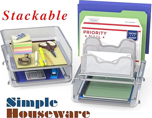 Miniatura 2 de SimpleHouseware - Paquete de 3 bandejas apilables para documentos de escritorio con 5 compartimentos, color plateado