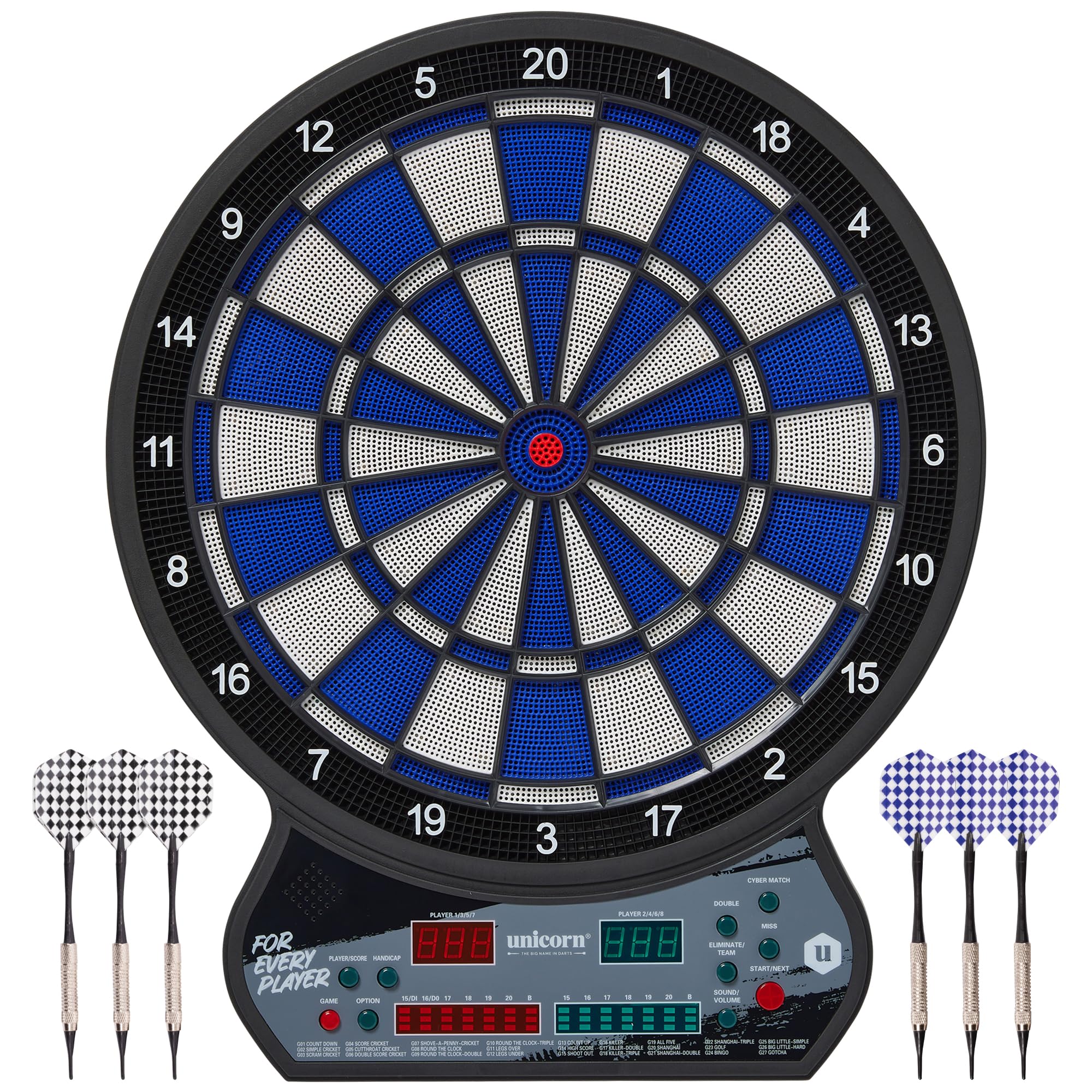 Unicorn Soft Tip Dartboard | LED Electronic Display | Automatic Scoring | 27 Games with 175 Variations | Suitable for up to 8 Players | Includes Power Adaptor & 6 Darts