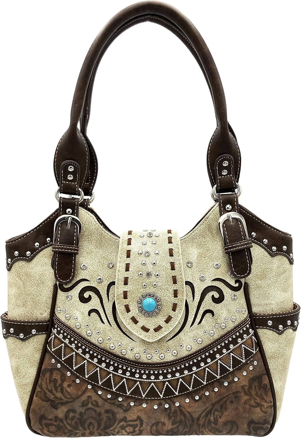 Justin West Tooled Leather Laser Cut Rhinestone Concho Studded Shoulder Concealed Carry Tote Style Handbag Purse Wallet