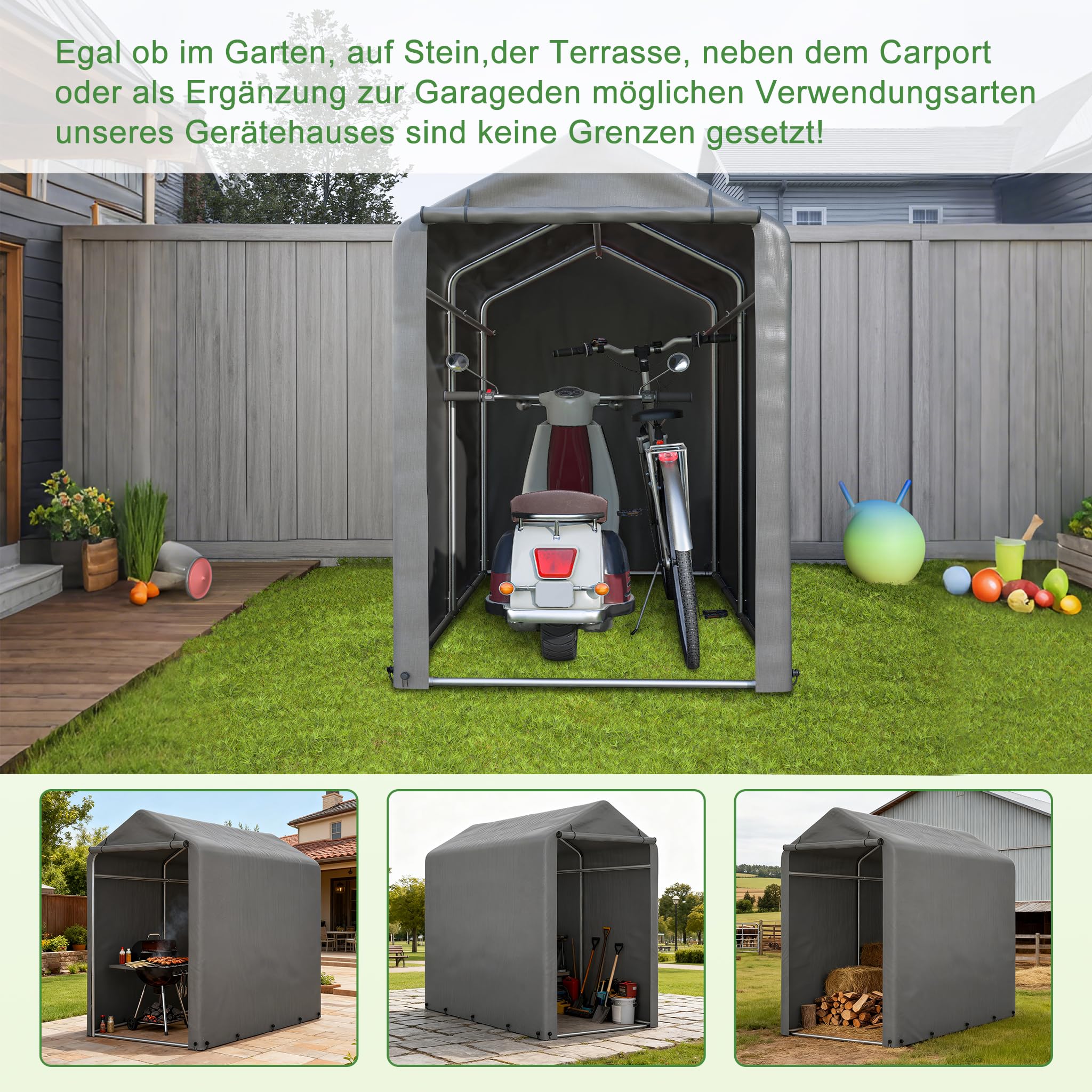 Fahrradgarage 187x100x160 cm, Carport Zelt Wetterfest, UV-Schutz, Wasserdicht, Fahrradzelt, Zeltgarage Geräteschuppen für 2 Fahrräder, Auto, SUV, Motorrad, Boot, Gartenhaus, Grau
