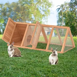 Rabbit Hutch, Small A-Frame Chicken Coop Outdoor with 2 Doors & Run Cage