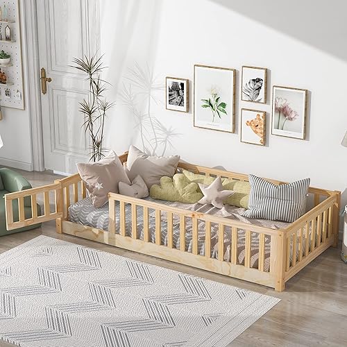 Miniatura 58 de Cama de plataforma de suelo de tamaño individual con valla, cama de madera para niños, cama de cerca para niños con puerta, no necesita somier
