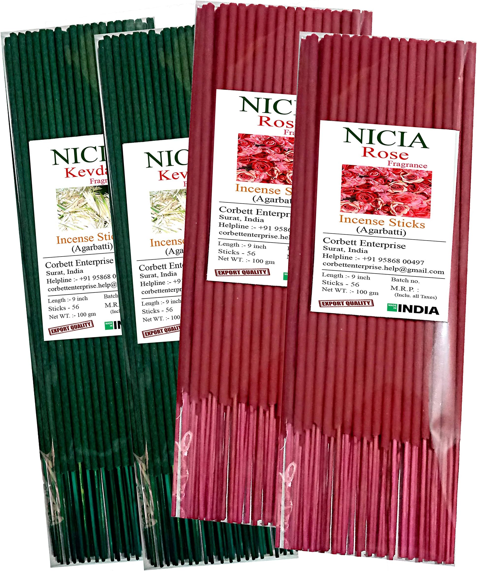 Nicia kevda and Rose Fragrance Incense Sticks 100 gm x 4 Pack kevda, Rose (100 g)