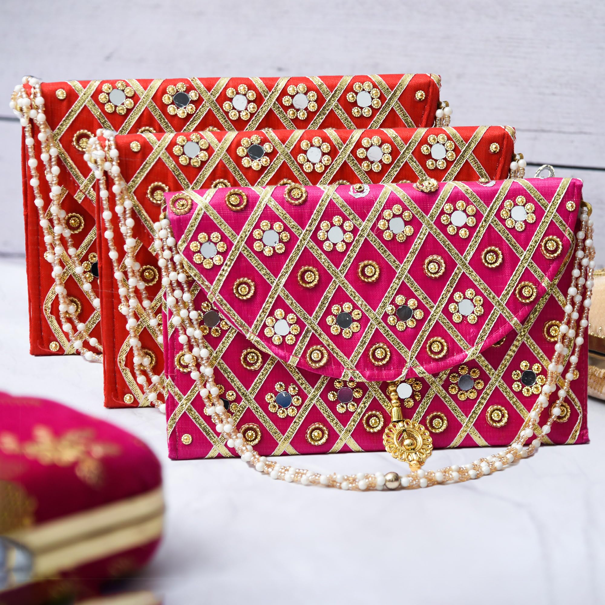 Heart Home Clutch With Handle | Ladies Hand Purse | Traditional Shagun | Baby Shower | Gifting | Mirror Check | Pack of 3 | Multicolor-image-34