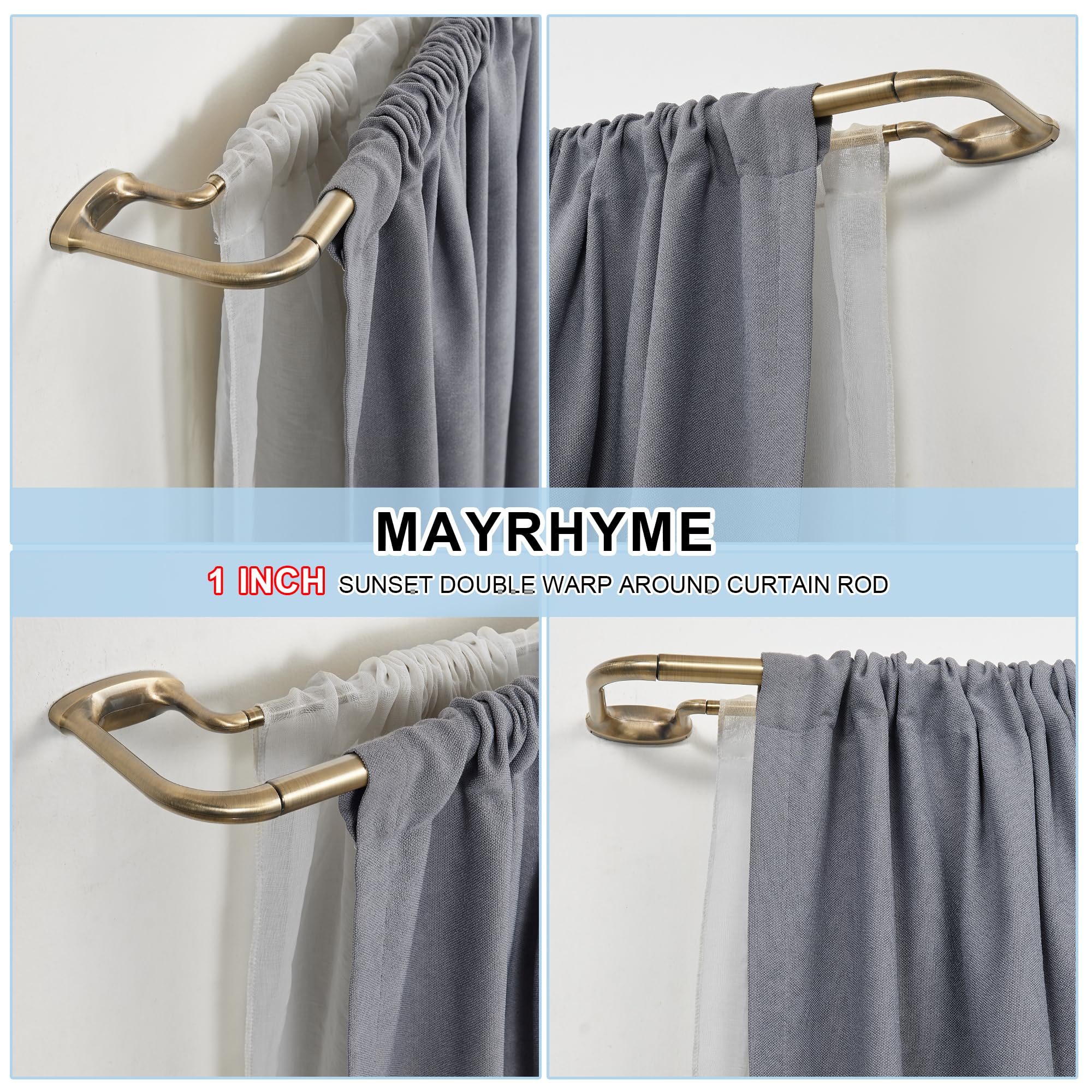 Barras de cortina dobles, barra de cortina envolvente para ventanas, empalme interno de 1 pulgada delantera y 5/8 pulgadas trasera ajustable con remates y soportes de aluminio (bronce antiguo