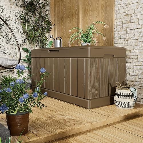 Miniatura 10 de Greesum Caja de resina de 31 galones para todo tipo de clima, cajas de almacenamiento al aire libre para juegos de muebles de patio, juguetes al