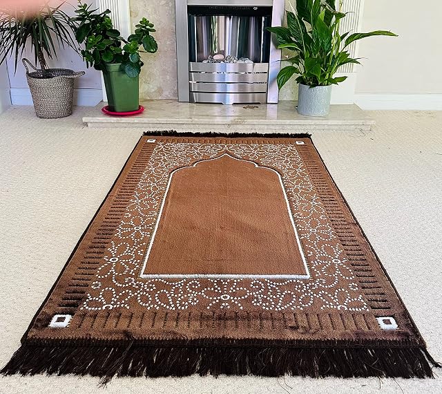 bazachi Mihrab Style Velvet Prayer Rug (750g) | Muslim Prayer Mat | Size: 120 x 70 cm - D. Coffee | Made in Turkey