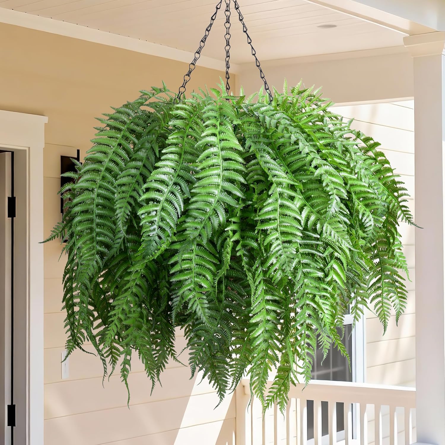 Artificial Hanging Plants Outdoor, UV Resistant Fake Fern Faux Greenery for Outside Planter Patio Home Garden Decor (5 Branches&1 Basket)