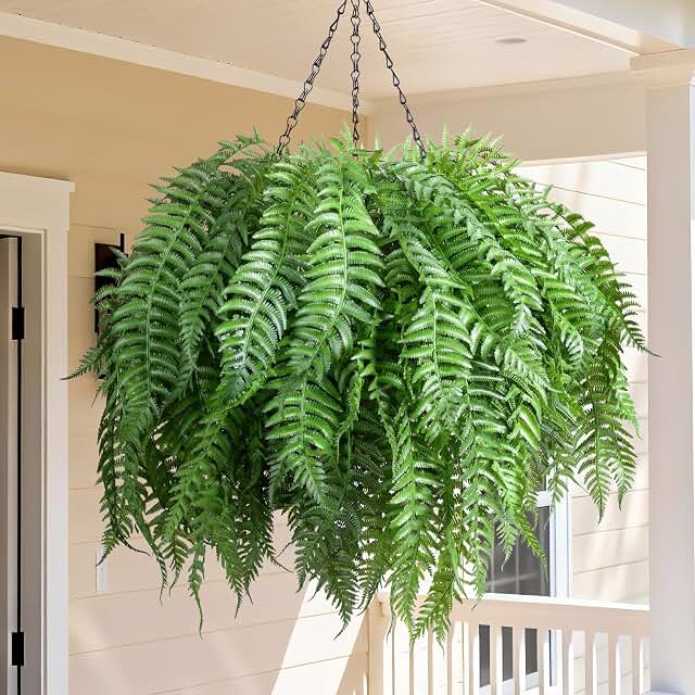 Artificial hanging fern with basket