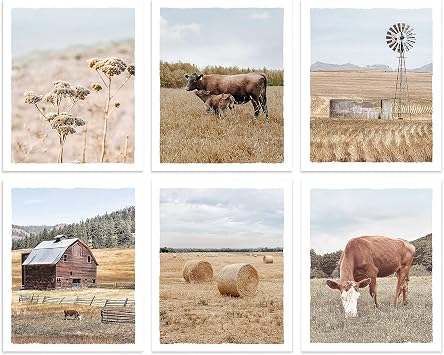 Autumn Countryside Farm Nature Landscape Pictures Wall Art Decor Set of 6 Rustic Farmhouse Barn Windmill Straw Bales Photograph Cow Prints Unframed 8x10 Inch