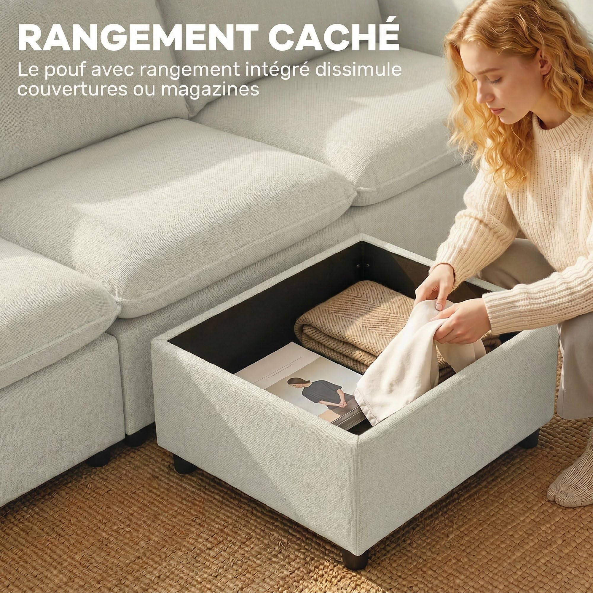 HOMCOM Divano a 3 posti con pouf portaoggetti divano angolare modulabile 212 cm, design moderno seduta imbottita cuscini a molle tessuto di lino per soggiorno, camera da letto, ufficio, crema