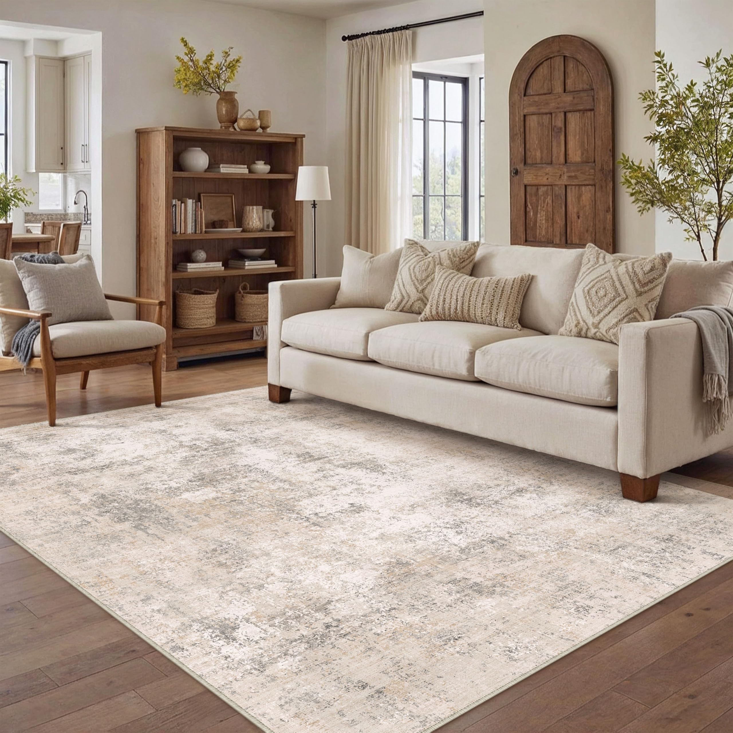 PureCozy Beige Abstract Rug Living Room 150 x 210 cm Non-Slip Short Pile Artificial Wool Bedroom Rug Washable Minimalist Bed Rug Rugs for Living Room Bedroom Area Indoor โ image 1