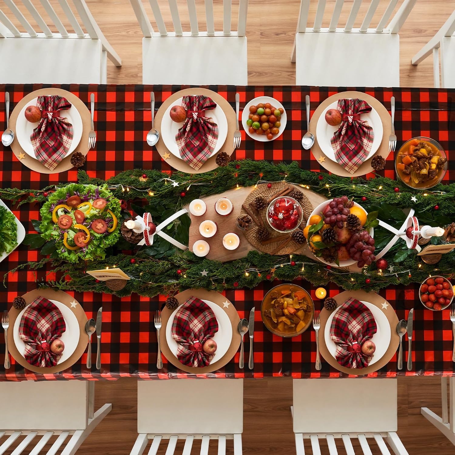 Kochorie 54 Inch x 300 Ft Red and Black Checkered Plastic Table Cloth Roll Disposable Red Black Buffalo Plaid Table Cover Roll with Easy Slide Cutter for Christmas Party/Home Dining/Decor