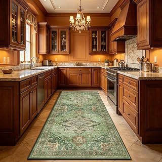 UKELER Hallway Rug Runner 2x6 Feet, Non Slip Washable Boho Floral Kitchen Runner Rug Carpet, Durable Low Profile Accent Rugs for Kitchen Hallway Laundry Bedroom Bathroom, Green