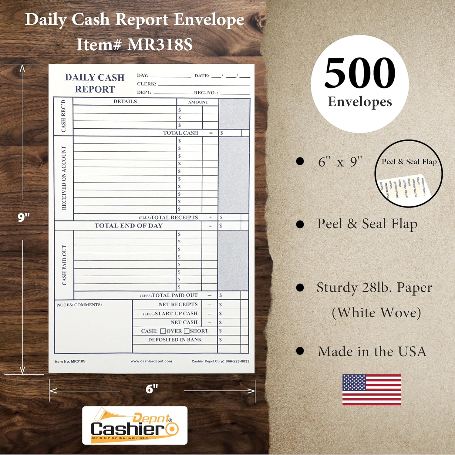 500 Cashier Depot MR318S Daily Cash Report Envelopes, 6" x 9",Open End, Peel & Seal, Premium 28lb White (500)