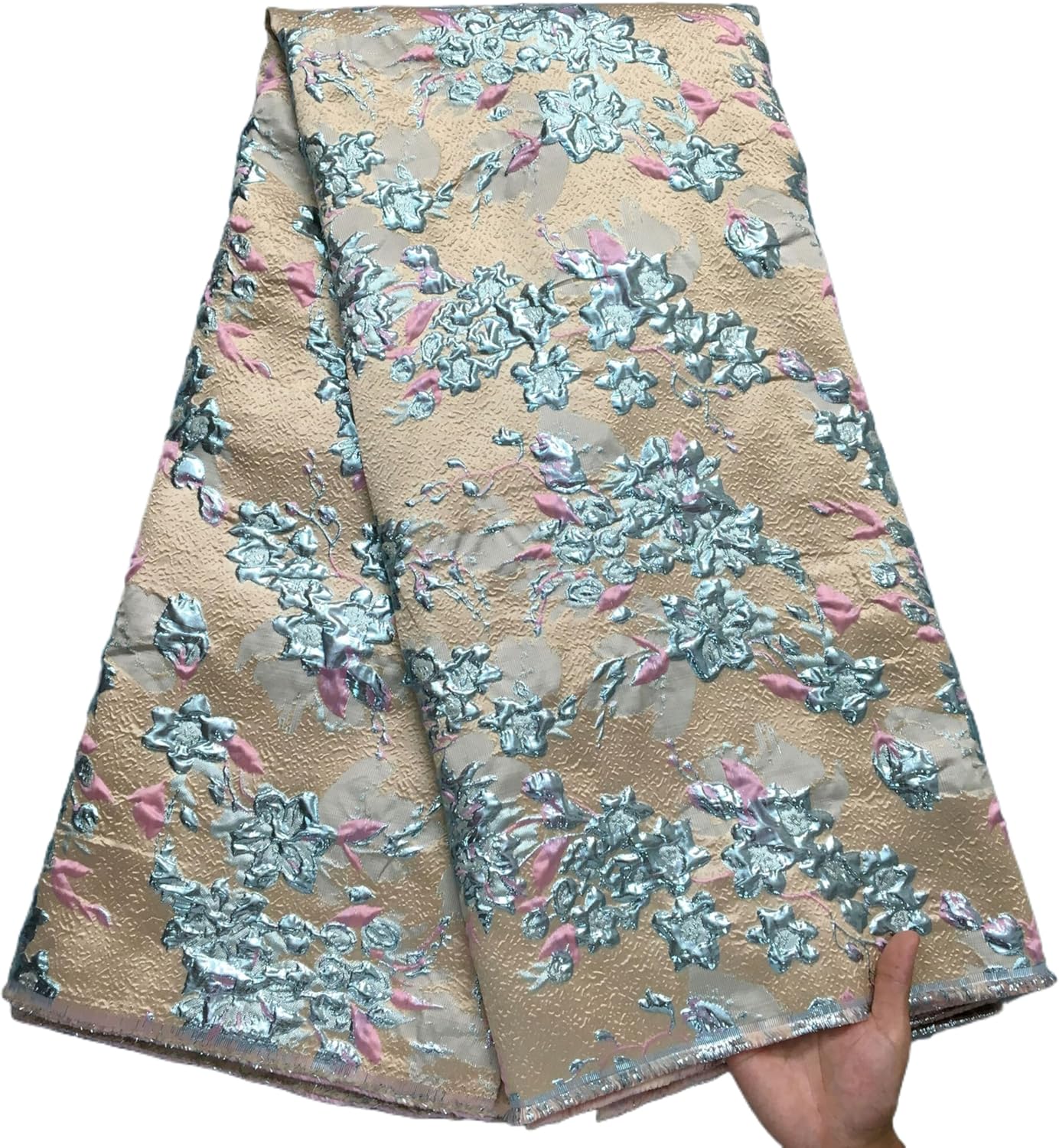 African Lace Fabric 5 Yards, Polyester Embroidered Floral Gold Stamped, for Wedding Dress/Party Attire/Daily Sewing (39361)