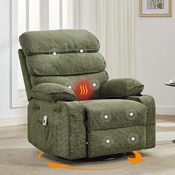 Massage Rocker Recliner with Heating,360 Swivel Glider Recliner Chairs for Adults,Linen Nursery Chair with Side Pocket,Two Cup Holders for Living Room Bedroom