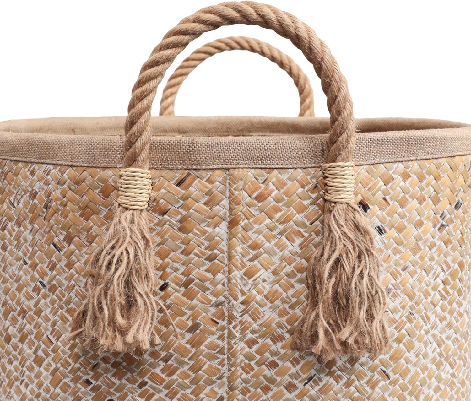 happimess BSK2026W-3SET Celia Rustic Coastal Handwoven Palm Leaf Nesting Storage Baskets with Rope Handles, Seagrass Containers for Decoration in Living Room, Bedroom, Natural/White (Set of 3)