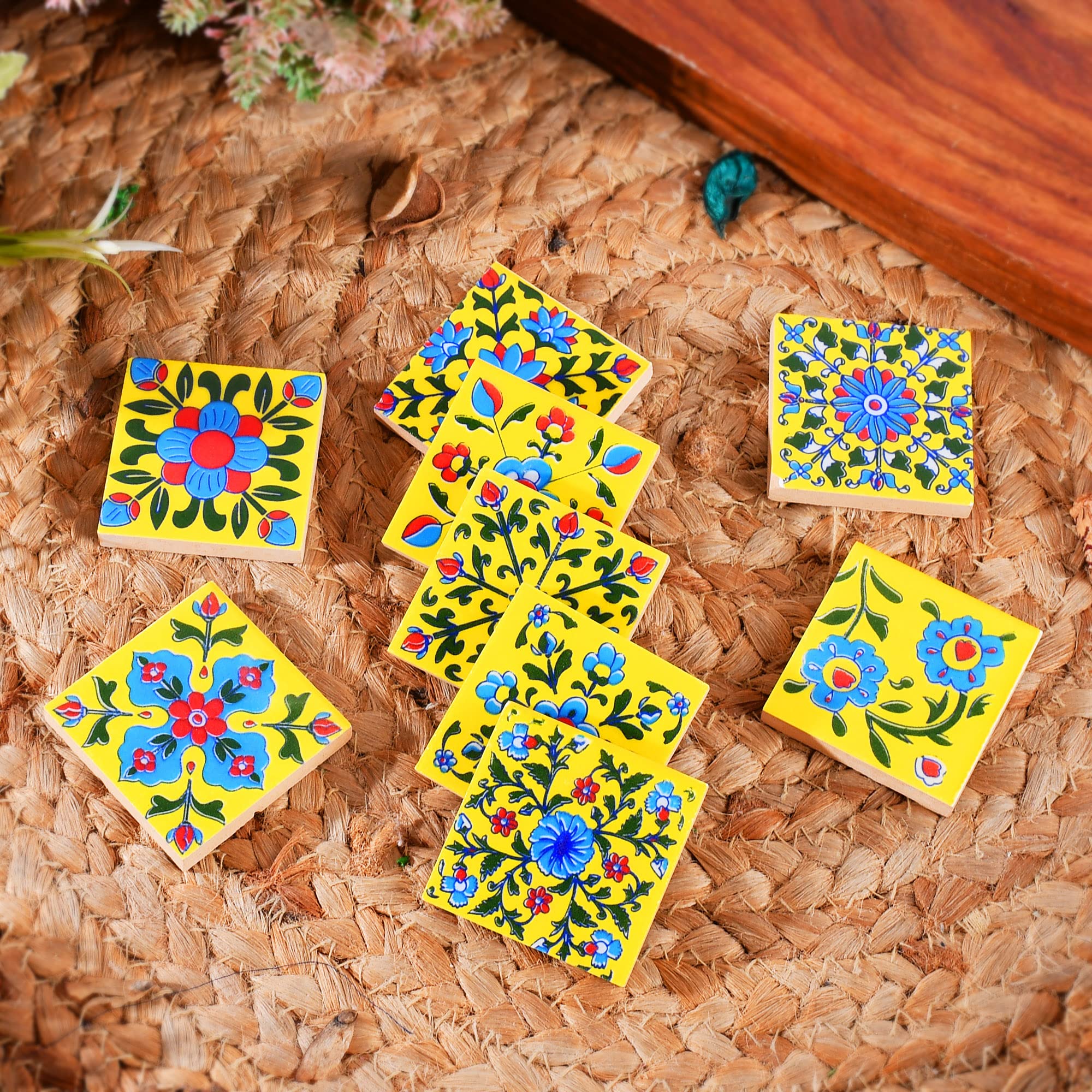 ARTOOK DECORBlue Pottery Home Decorative Ceramic Tiles Backsplash Wall Tiles Mural Panel Kitchen Washroom Mosaic Tiles Mexican Tiles (Yellow, 2x2-inches Set of 9)