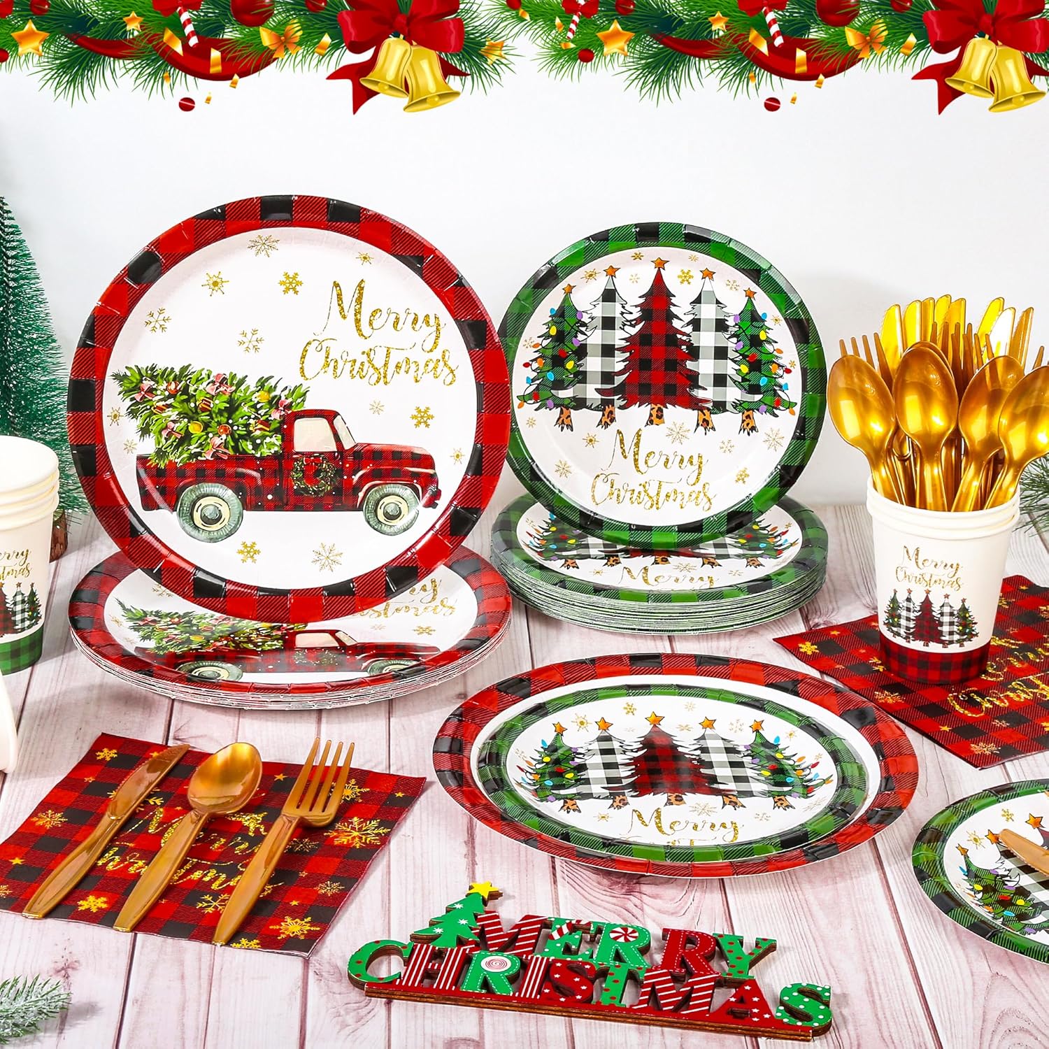 400 Pcs Christmas Paper Plates and Napkins Set, Merry Christmas Buffalo Plaid Disposable Dinnerware Set for 50 Guest, Xmas Tree Truck Paper Plates and Napkins Cup Knives Spoon Fork for Holiday Decor