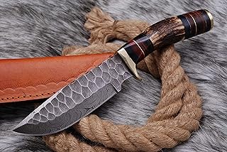 Damascus stag knives forged Steel Knife, Bowie Hunting Knife, Fixed Blade Knife Stag horn Antler handle 10 inches