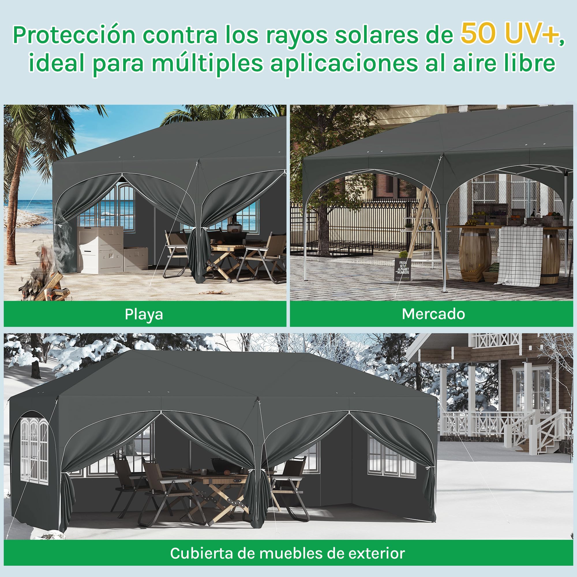 Laneetal Carpa Plegable 3x6 M, Gazebo de Jardín con 6 Paredes Laterales con Cremalleras En Las Ventanas, Pergola Jardín para Exterior, Pabellón Cenador para Camping y Fiestas, Gris