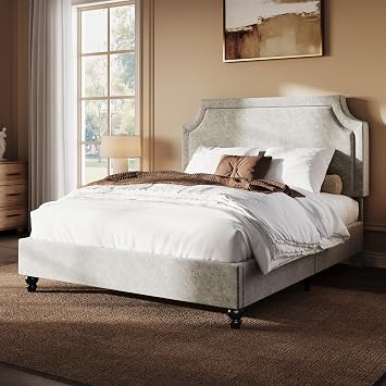 SHA CERLIN Full Size Upholstered Platform Bed Frame, 50.6"-54.5" Tall Adjustable Minimalist Chenille Headboard, Strong Support, Noise-Free, No Box Spring Required, Grey
