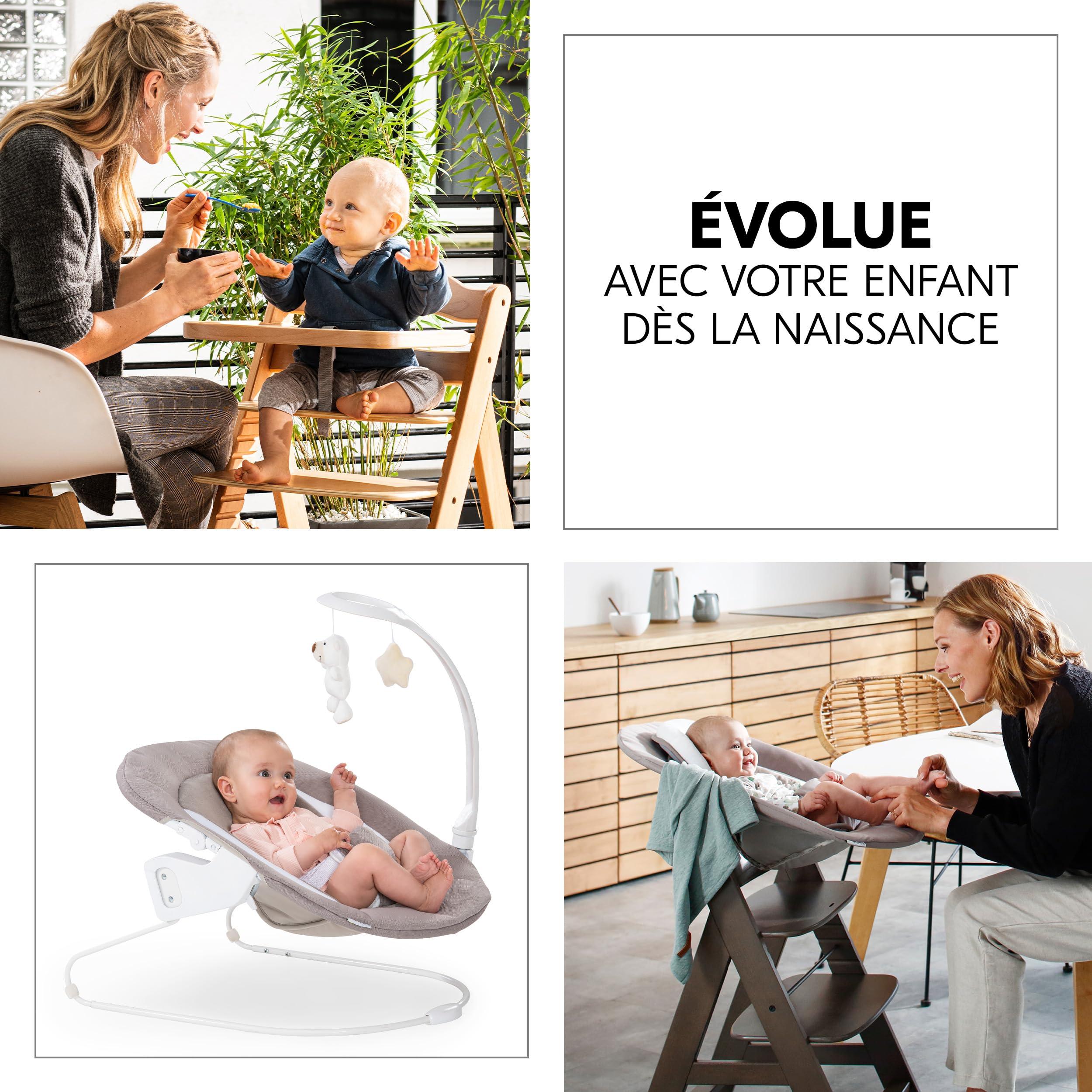 hauck Chaise Haute Bébé en Bois Alpha Move Newborn Set Deluxe - Inclus Accessoire Nouveau-né, Coussin d'Assise et Tablette Repas - Utilisable dès la Naissance, Réglable en Hauteur - Naturel Sable