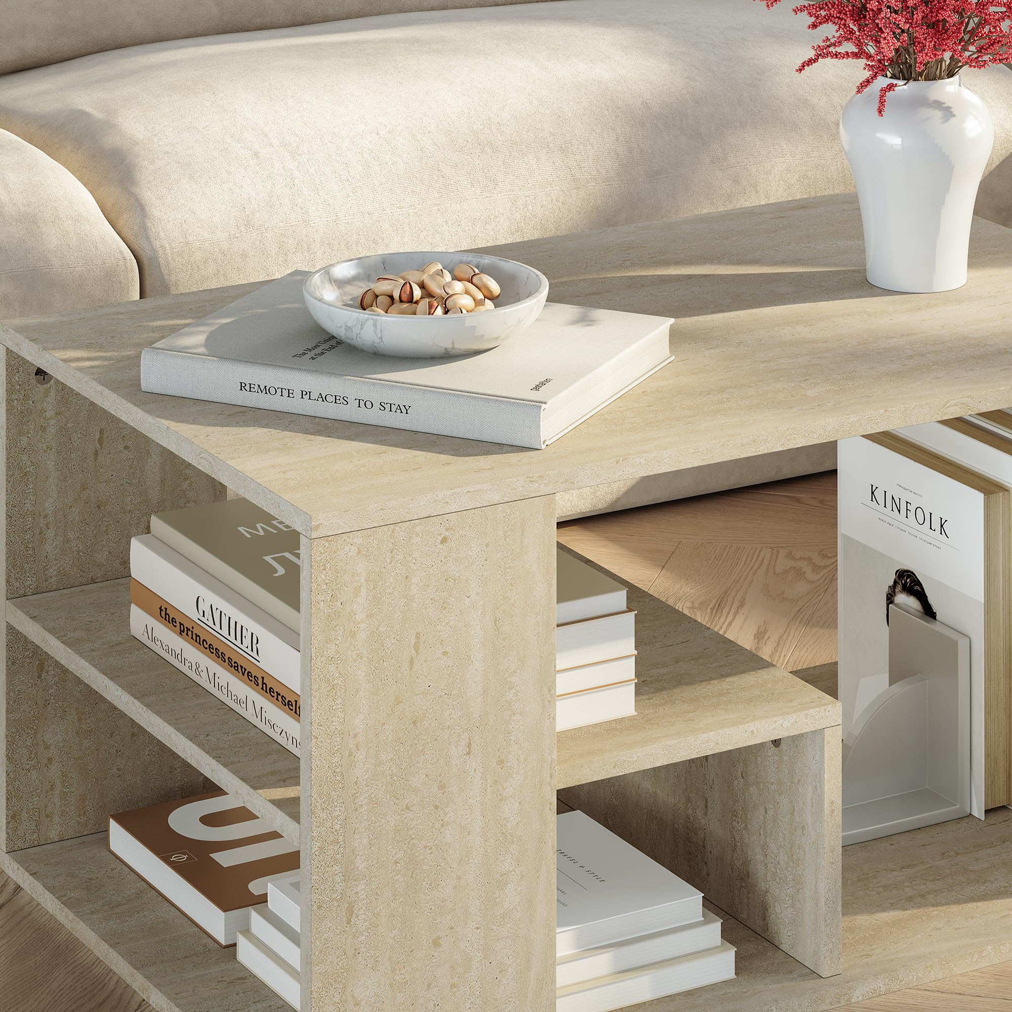 [en.casa] Tavolino da Salotto Centrale con Piano Rettangolare Tavolo Basso da Caffè con Scomparti Aperti per Soggiorno Living Studio 80 x 50 x 40 cm - Color Avorio Travertino