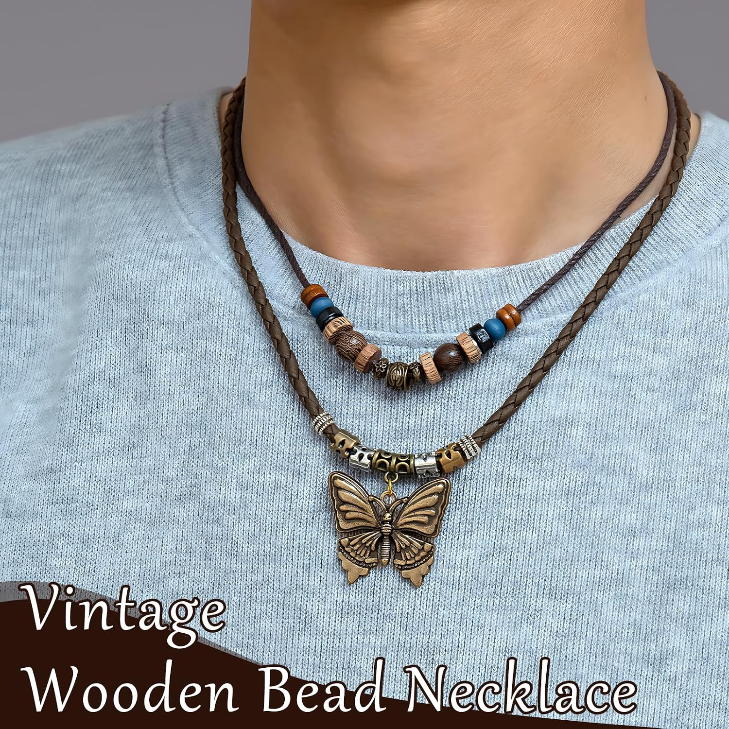 Boho Necklace for Women,Vintage Butterfly Pendant Necklaces,Adjustable Wooden Beads Layered Braided Choker,Fashion Tribal Style Leather Rope Necklace Jewelry,Chunky Statement Gift for Women