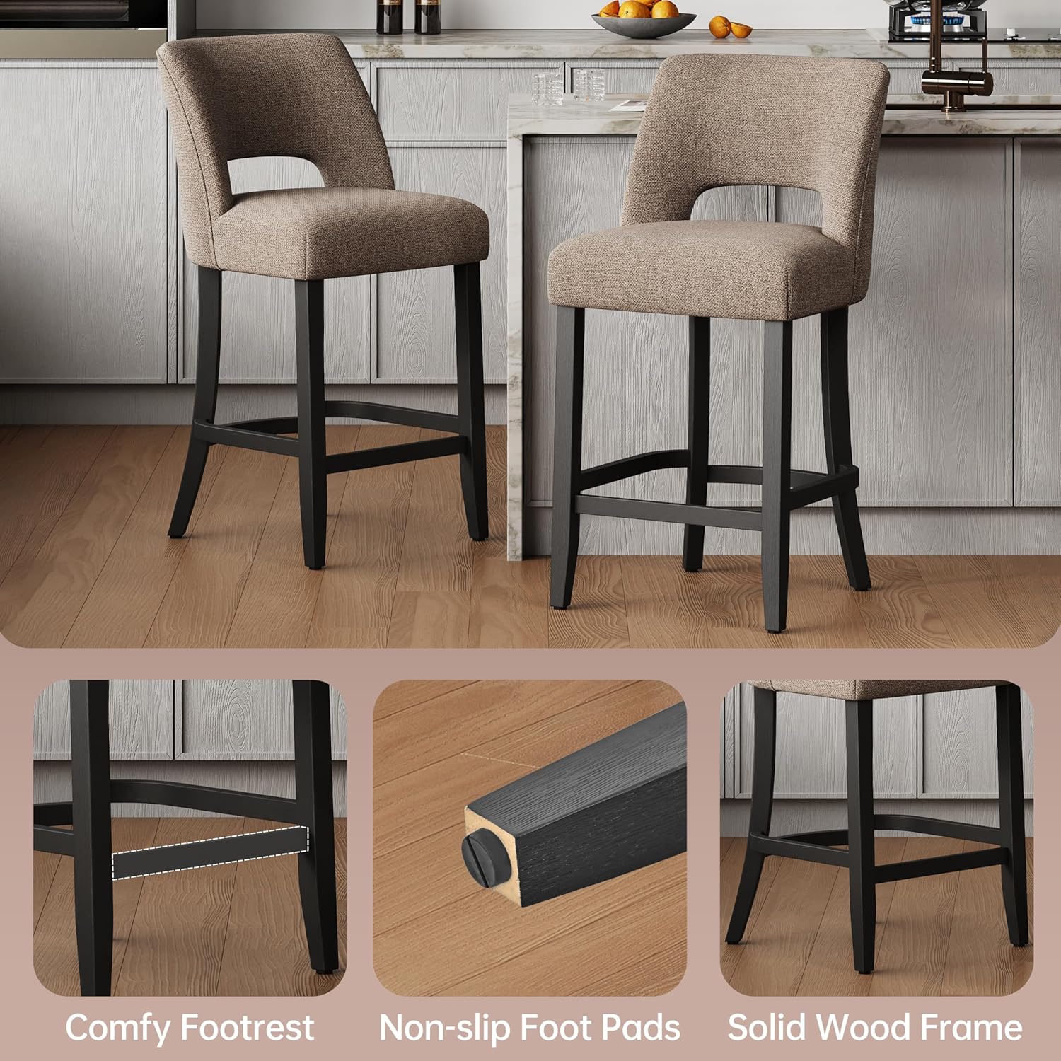 keoni Counter Height Bar Stools Set of 4, Upholstered Bar Stools with Wood Legs, Modern Counter Stools with Back for Kitchen Island and Bar, Brown 4pcs-26" Counter Height Stools Brown
