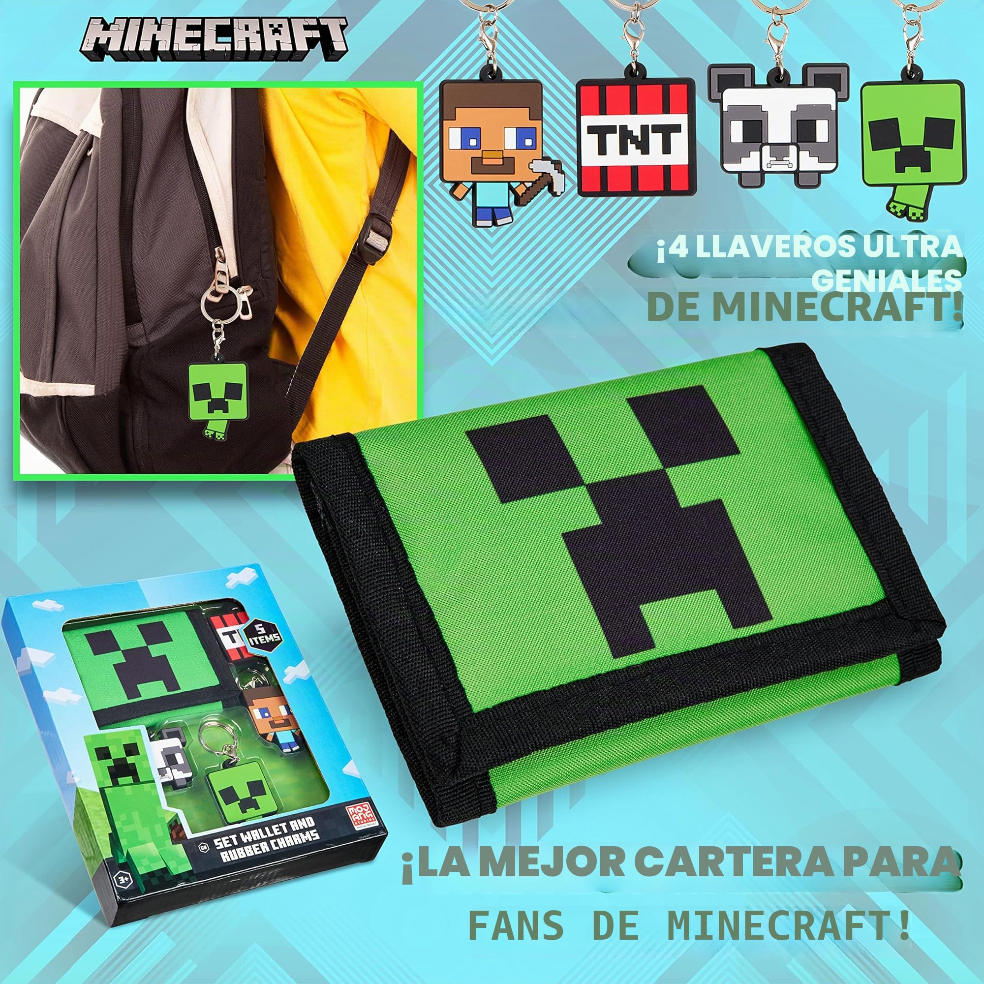 Minecraft Cartera para Niños Toda Ocasión En Poliéster con Personaje Green Creeper Monedero Verde Tamaño Bolsillo Cartera Resistente Incluye 4 Llaveros