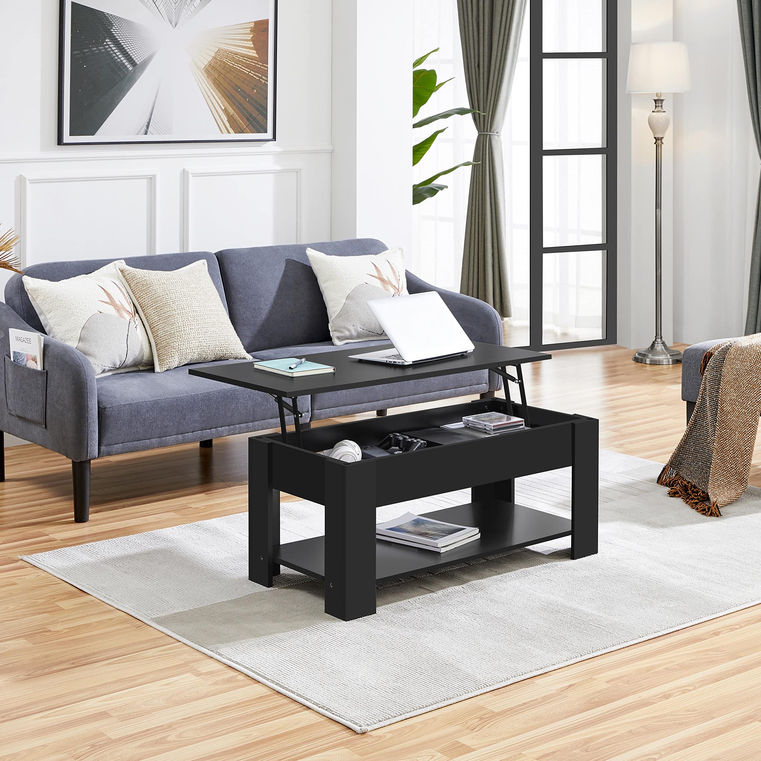 Yaheetech Table Basse avec Plateau Relevable en Bois MDF, Table de Salon Moderne avec Compartiment Caché et Porte-Revues, Une Étagère de Rangement, Bureau Chambre Salon