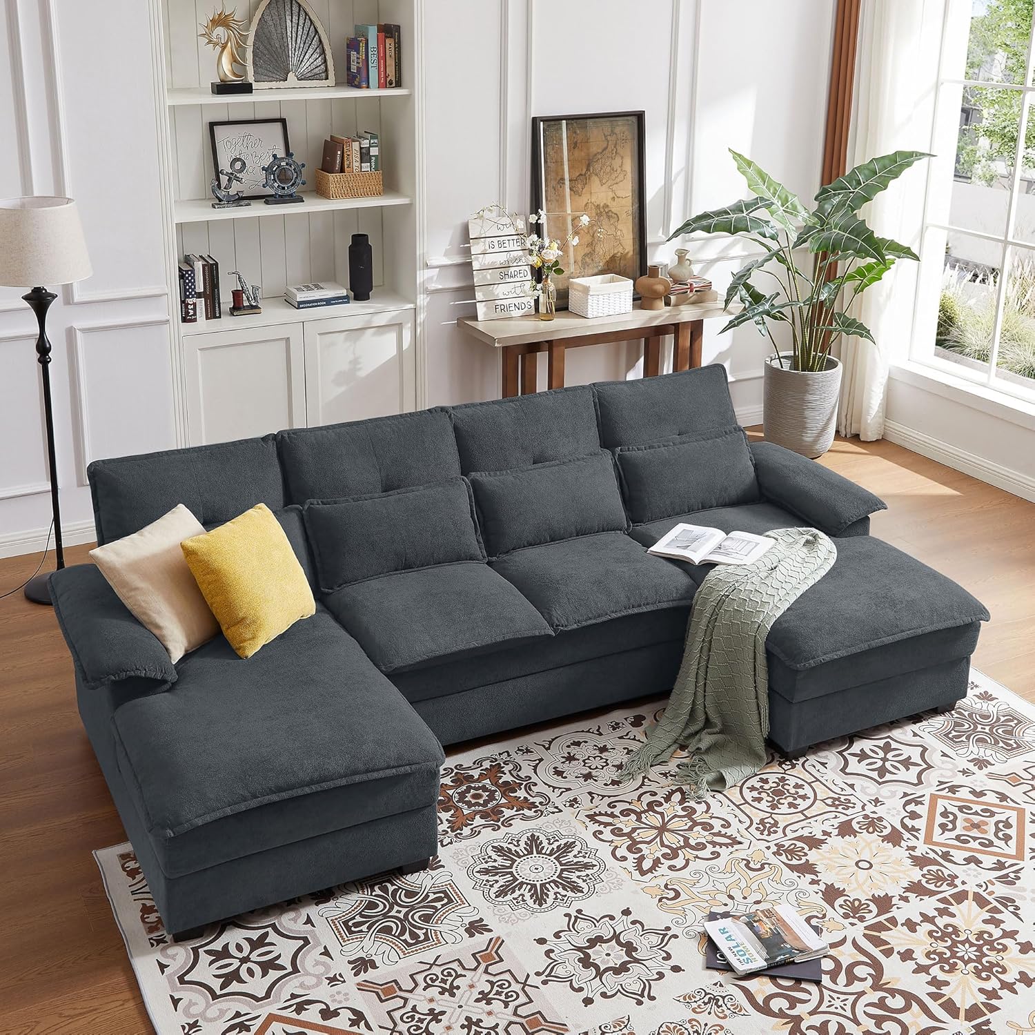 110" Comfy Cloud Couch Sectional Sofa with Lumbar Pillows, Modern U-Shaped Cloud Sofa with Double Chaise & Deep Seat for Living Room, or Office, Easy Assembly, Dark Grey