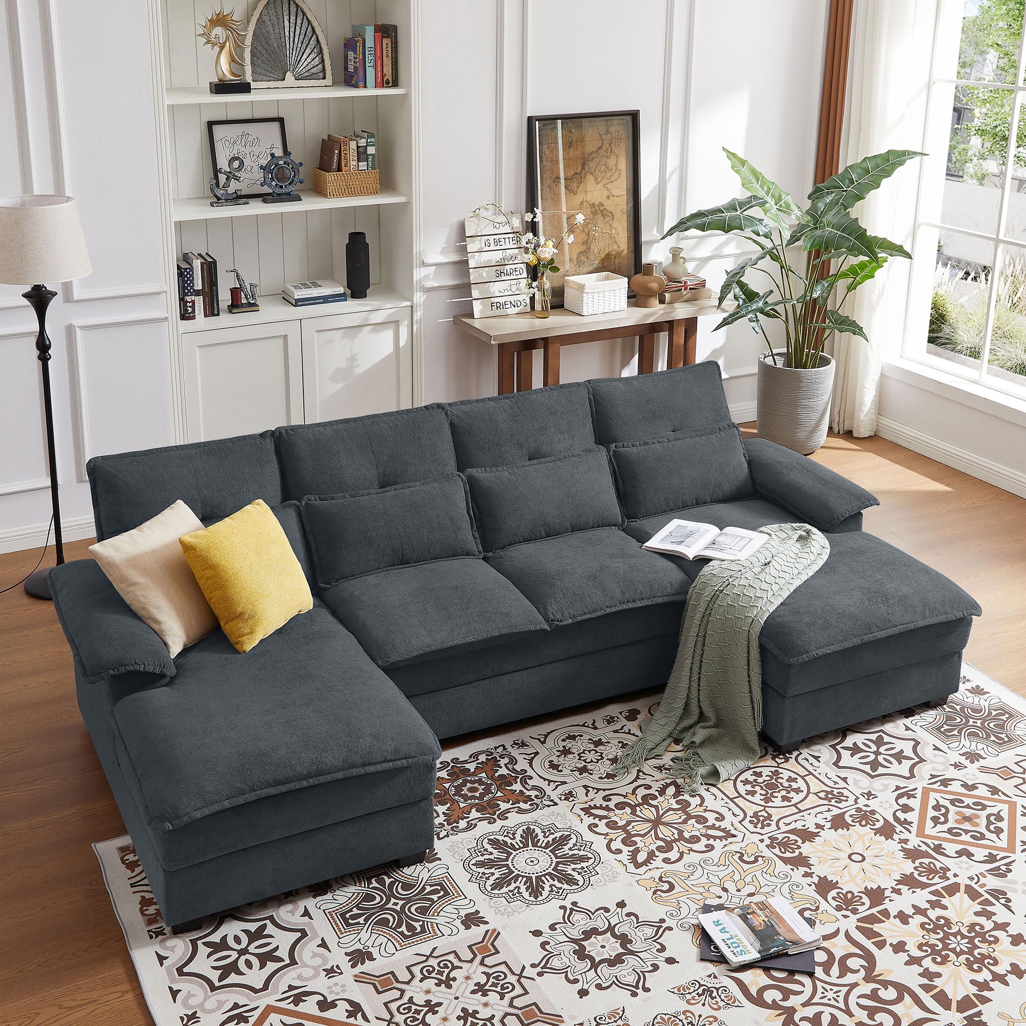 110 Comfy Cloud Couch Sectional Sofa with Lumbar Pillows Modern U-Shaped Cloud Sofa with Double Chaise Deep Seat