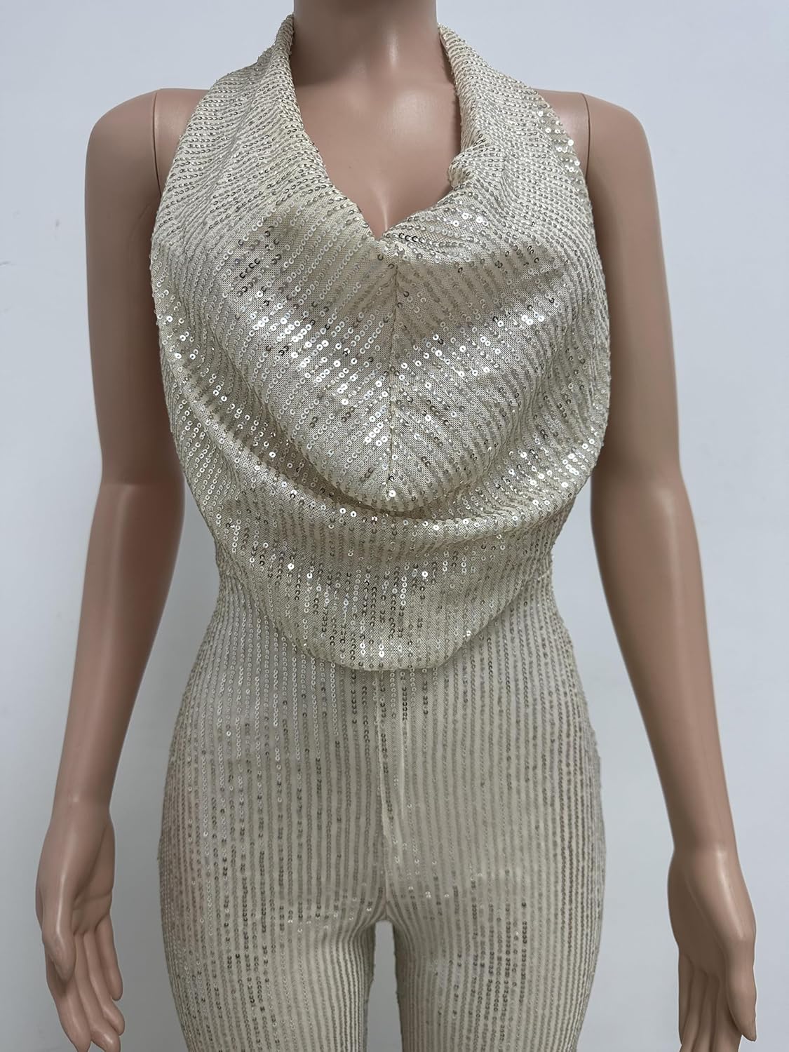 Women's Sexy Halter Cowl Neck Sparkly Jumpsuits Clubwear Sleeveless Elegant Sequins Bodycon Wide Leg Pants Rompers - Image 3