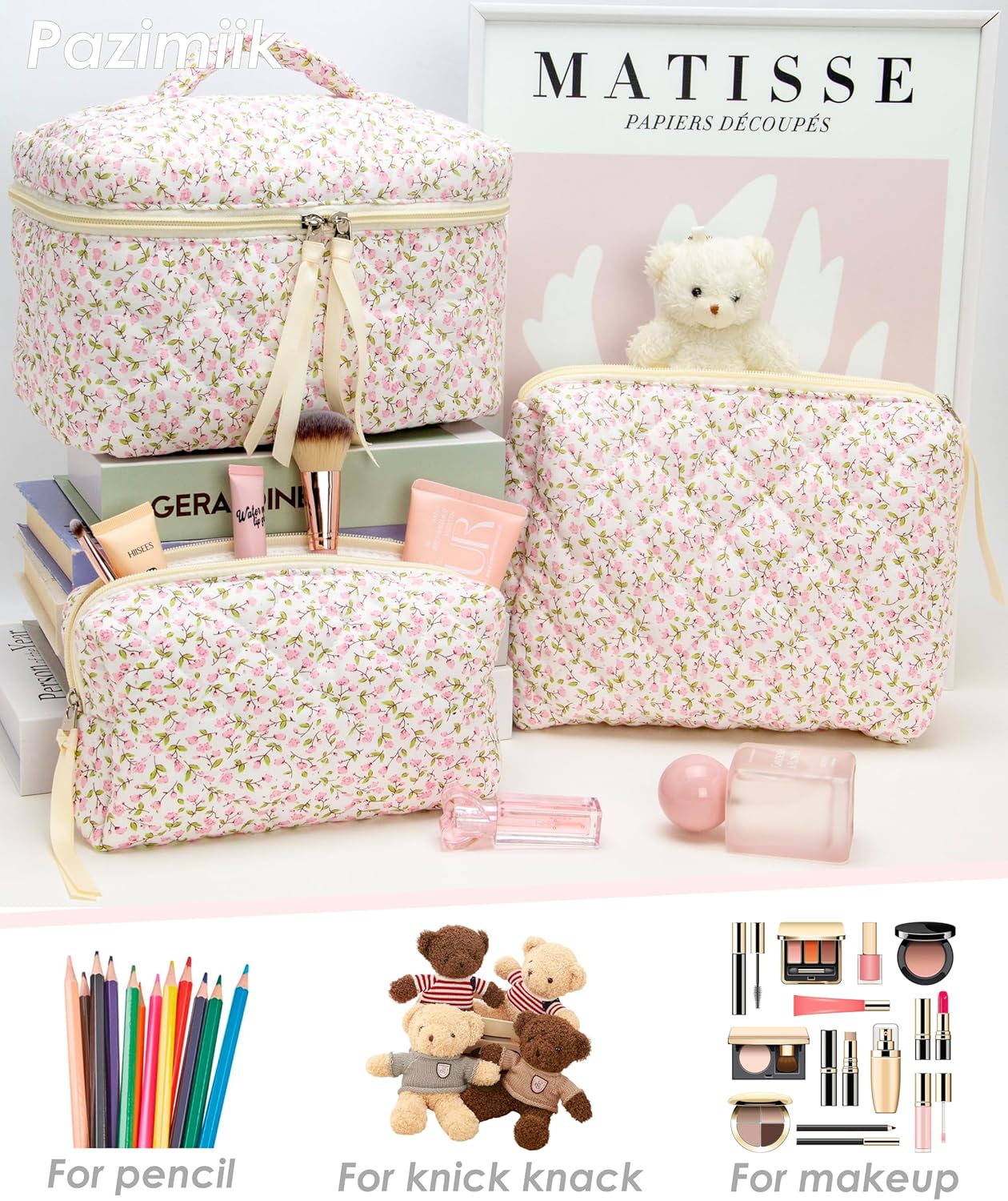 3PCS Makeup Bag SET Large Travel Quilted Zipper Soft Cosmetic Case Pouch for Women Girls Make Up,Floral Pink - Image 6