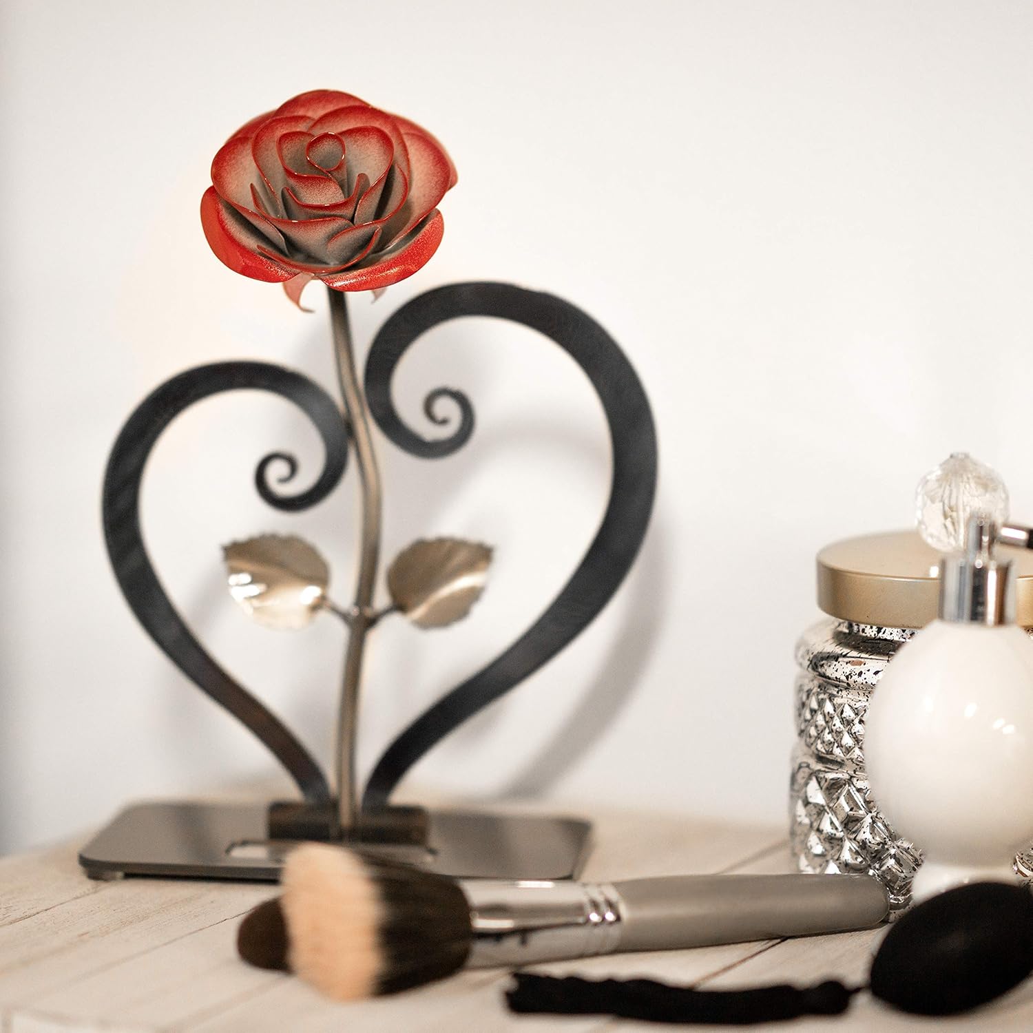 Gift Hand-Forged Wrought Iron Red Metal Rose with Heart - Shaped Stand - Iron Anniversary Gift