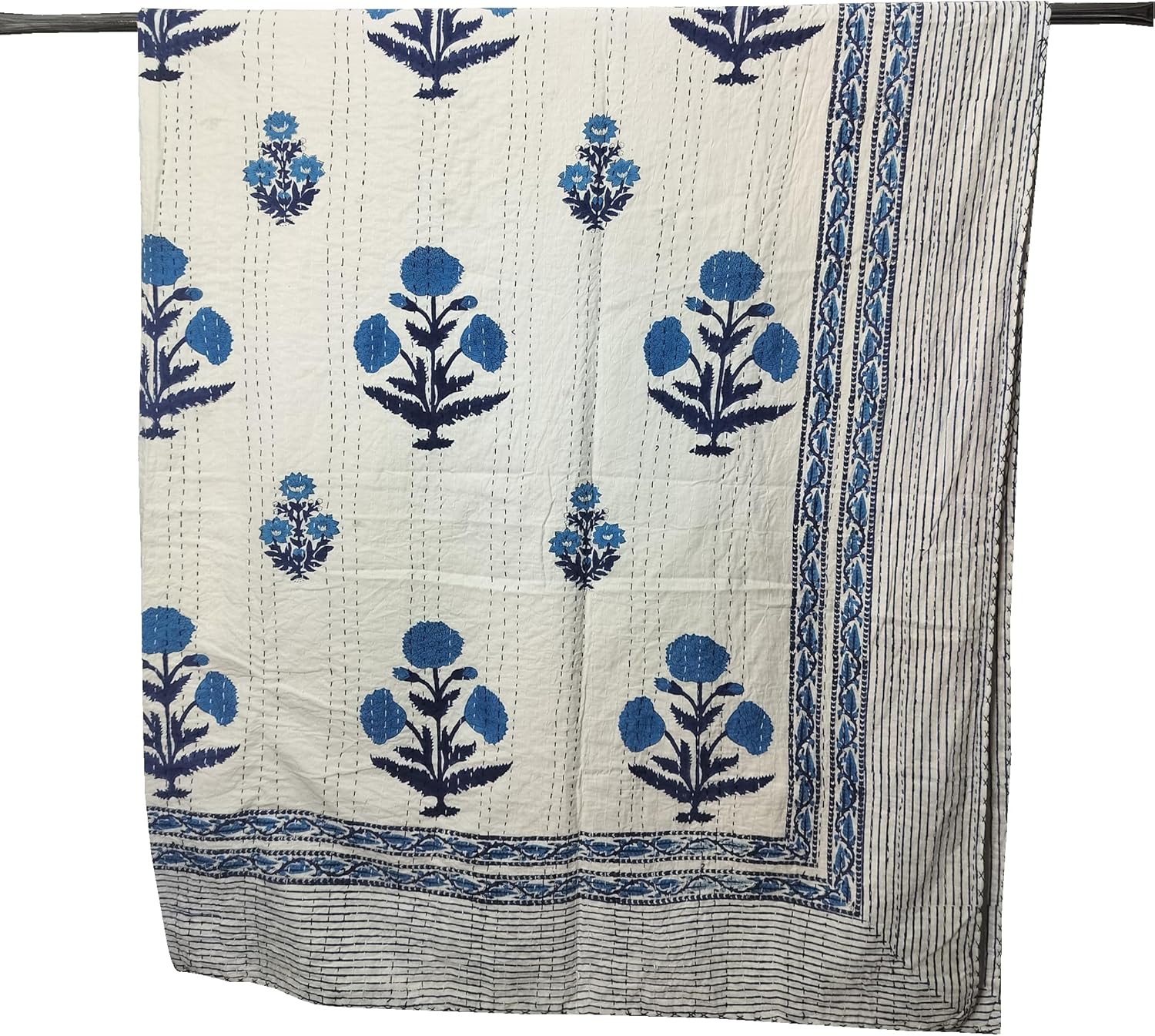 Generic thehandicraftworld Bedspread Hand Block Blue Floral Print Kantha Quilt 100% Cotton Handmade Kantha Quilt Flat Blanket,Bedsheet Coverlet Sofa Cover (Twin Size 60x90 Inch)