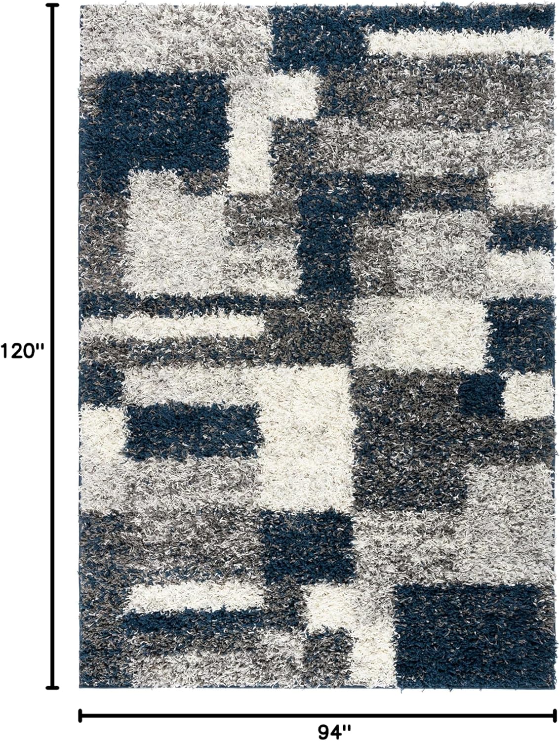 Rugshop Navy Distressed Modern Boxes Plush Shag Area Rug — Non-Shedding Soft for Living Room, Dining Room and Office, 7'10" x 10'