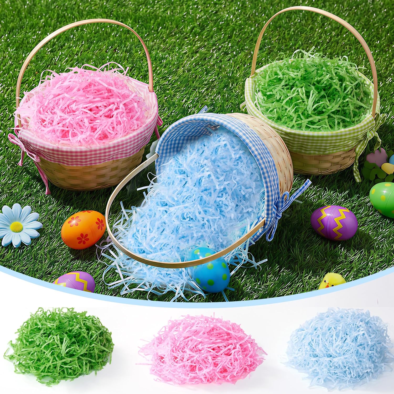 Easter Baskets for Kids, 3 Pcs Large Personalized Wicker Bamboo Easter Basket Empty with Handle, Basket Tags, Pink, Blue, Green Woven Rope Egg Easter Baskets Gifts for Boys Girls Babies Toddler
