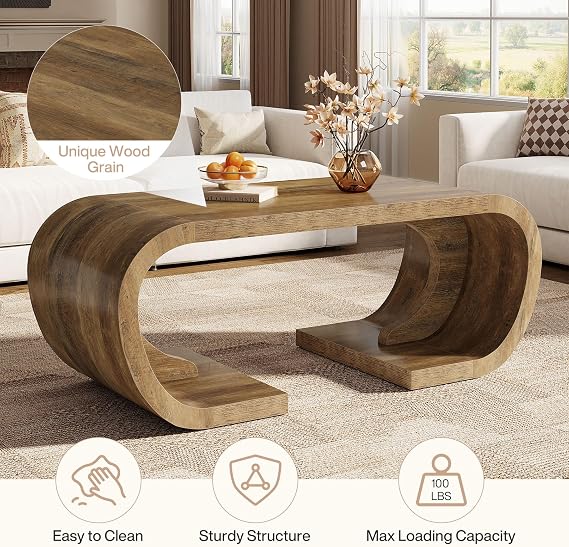 Tribesigns Farmhouse Coffee Table, 47 Heavy Duty C-Shaped Center Table with Curved Base, Large Tea Table for Living Room, Entertainment Room, Home Office, Rustic Brown