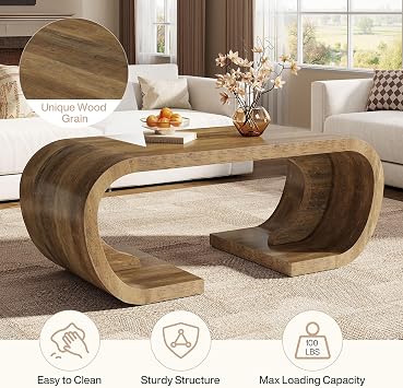 Tribesigns Farmhouse Coffee Table, 47 Heavy Duty C-Shaped Center Table with Curved Base, Large Tea Table for Living Room, Entertainment Room, Home Office, Rustic Brown