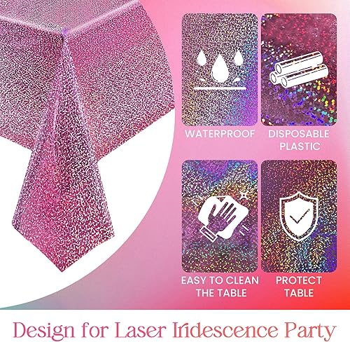 Miniatura 5 de 4 manteles holográficos de color rosa y morado de 40 x 108 pulgadas, manteles brillantes con láser, cubierta de mesa iridiscente con purpurina para