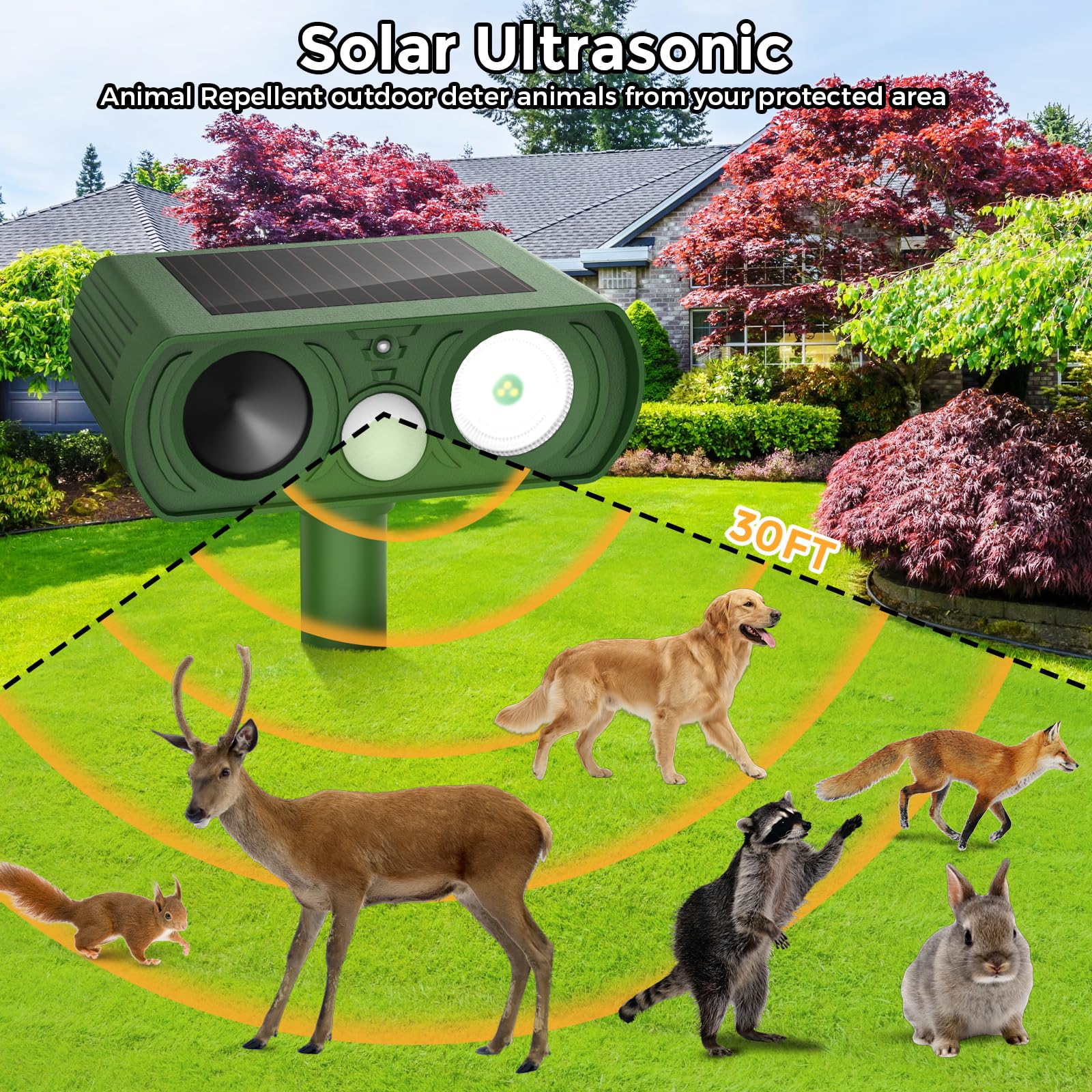 Solar Ultrasonic Animal Repellent, Waterproof Deer Repellent, Outdoor Cat Repellent with Motion Detection, Squirrel Rabbit Skunk Raccoon Dog Deterrent for Yard Garden (Two Pack)