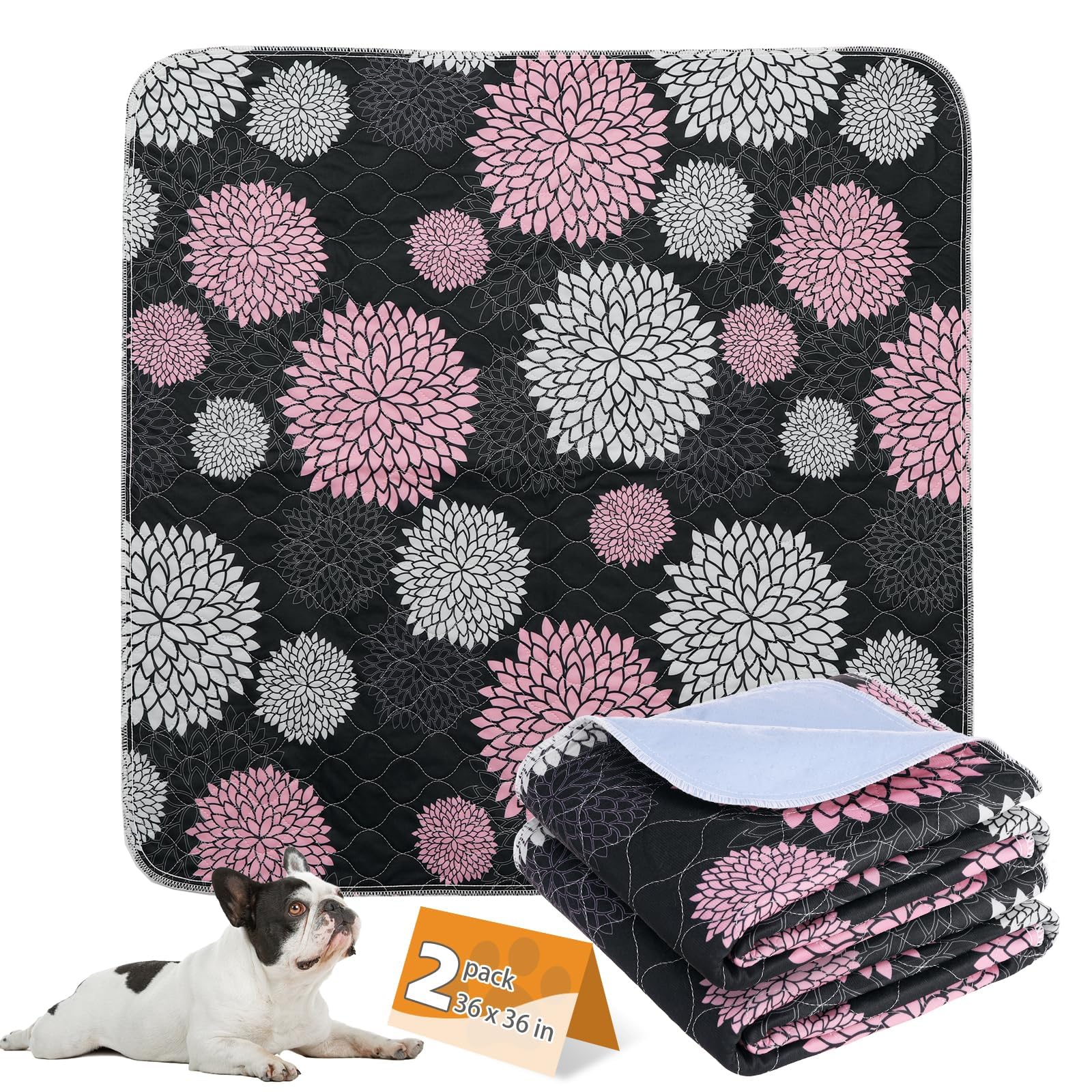 KOOLTAIL Washable Pee Pads for Dogs, 2 Pack Super Absorbent Reusable Puppy Training Pads Waterproof, Nonslip and Leak-Proof Dog Pee Pads, Large Pet Mats Whelping Pads for Floor, Crate, Couch, 36"x36"