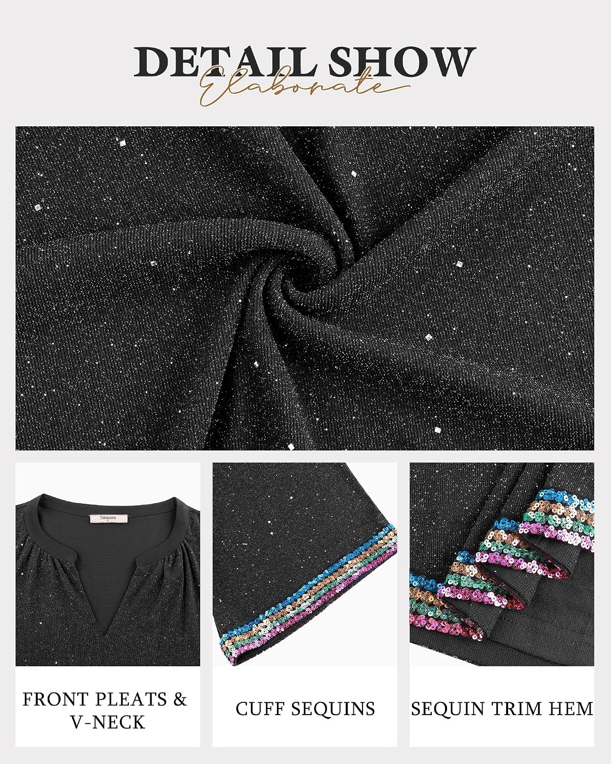 Timeson Women's 3/4 Sleeve Sparkly Tunic Tops V Neck Sequin Blouses