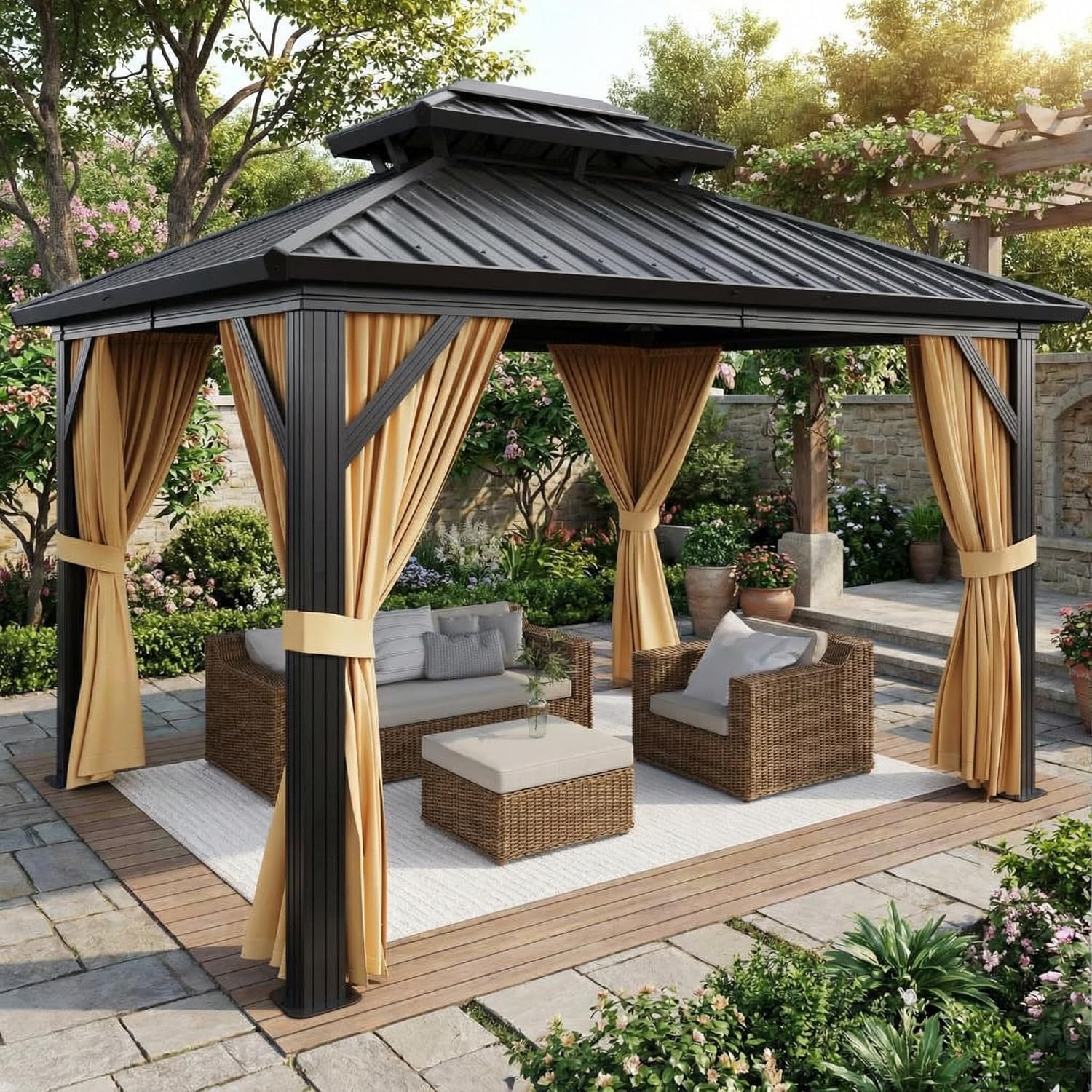 10x12 FT Hardtop Gazebo with Galvanized Steel Double Roof, Heavy-Duty Aluminum Frame Outdoor Gazebo Canopy with Mosquito Netting & Waterproof Curtains for Patio, Backyard, Deck & Lawn